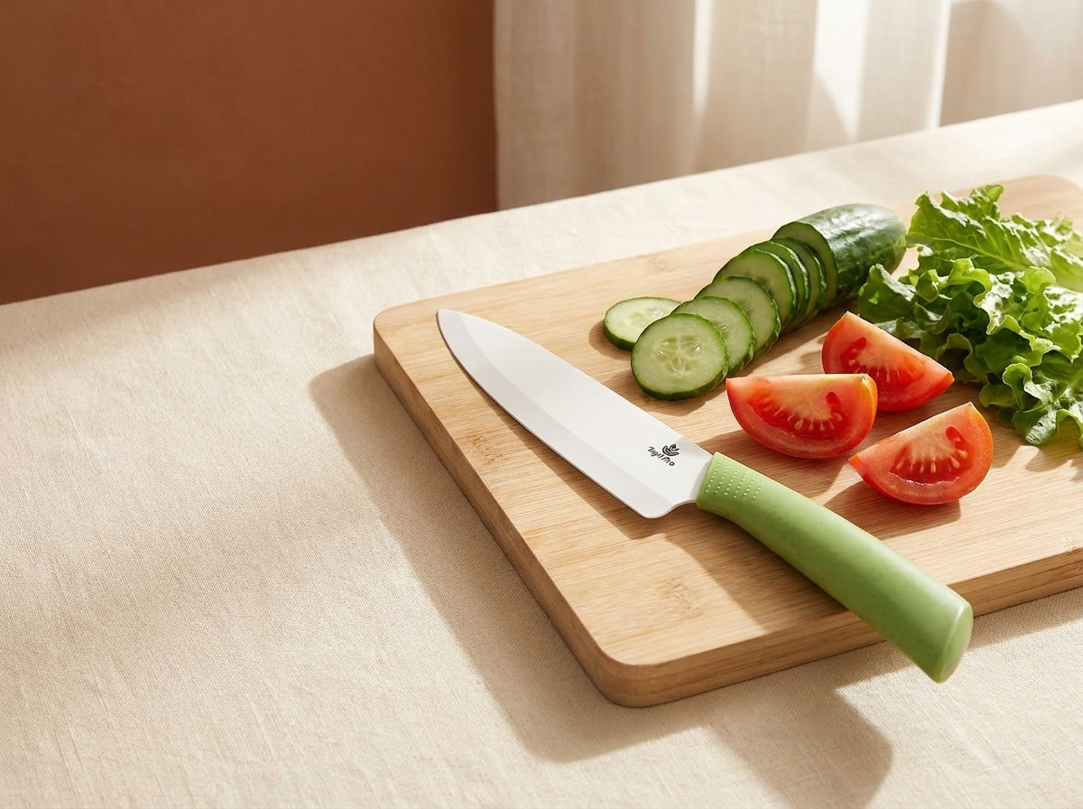 VegItPro ceramic knife with fresh vegetables on a wooden board